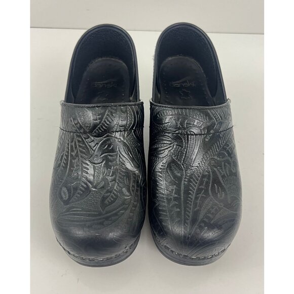Dansko  Black Professional Clogs Size 38  Embossed Leather Floral 7.5 ~ 8 M - Picture 1 of 11